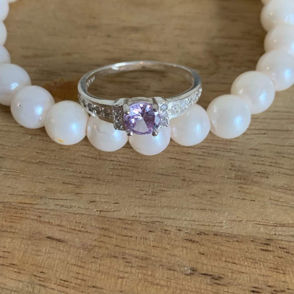Purple diamond glass sterling silver ring